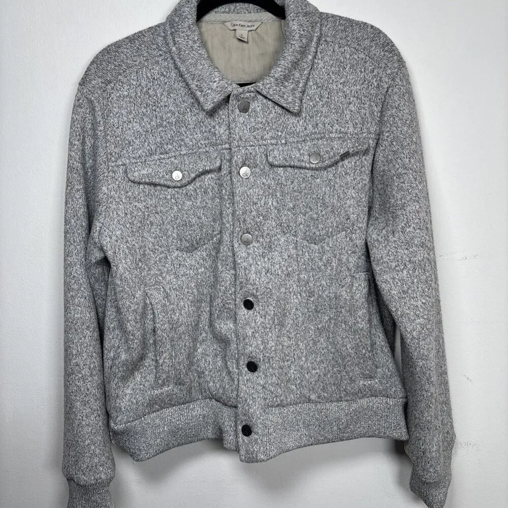 Calvin Klein Jeans marled heather grey sweater sherpa lined trucker jacket sz L